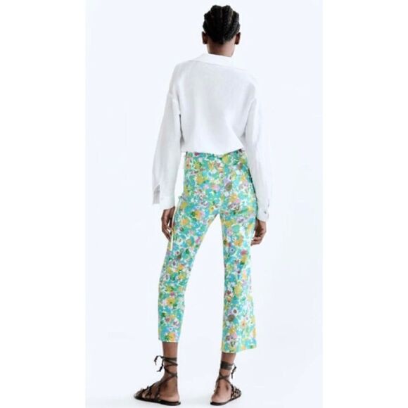 NWT Zara Floral Printed Linen Blend High Waisted Cropped Flare Trousers, Size 4 - Picture 4 of 16